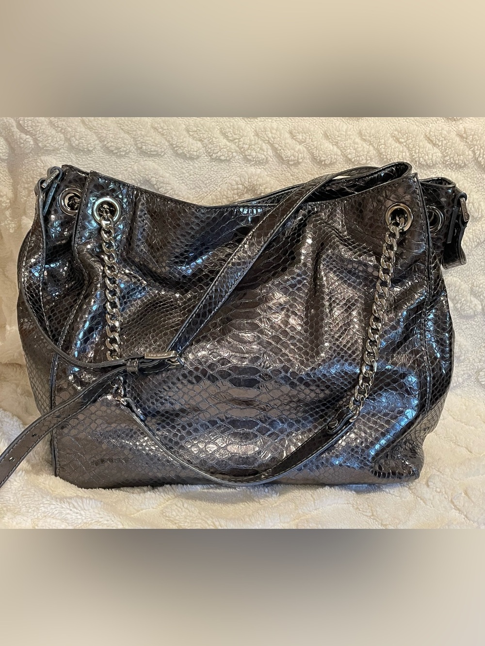 Michael Kors Silver Leather Embossed Snakeskin Print Chain Shoulder/Hand Bag